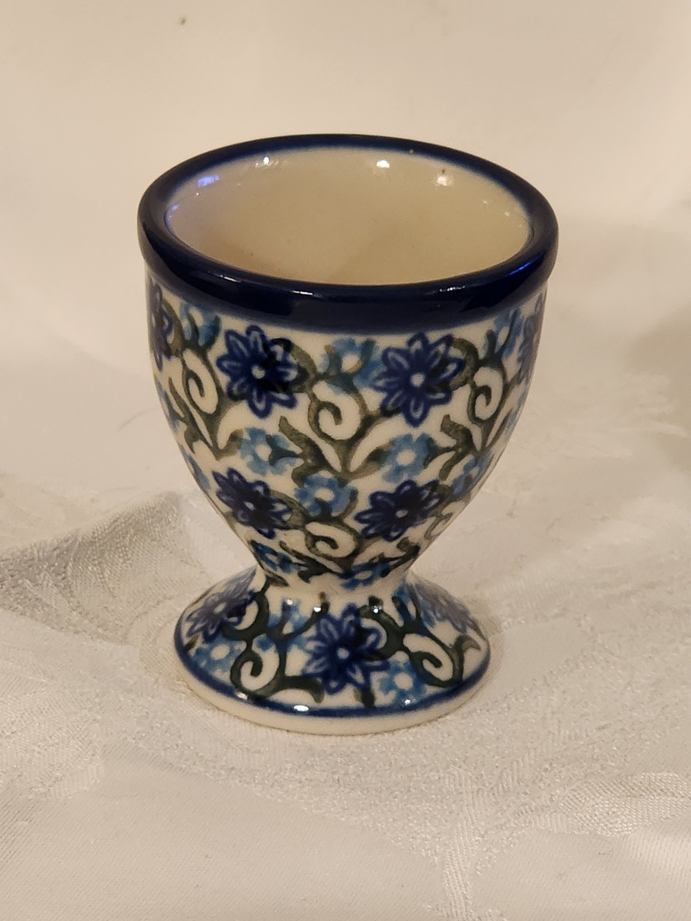 Polish Pottery Blue Floral Ceramic Egg Cup